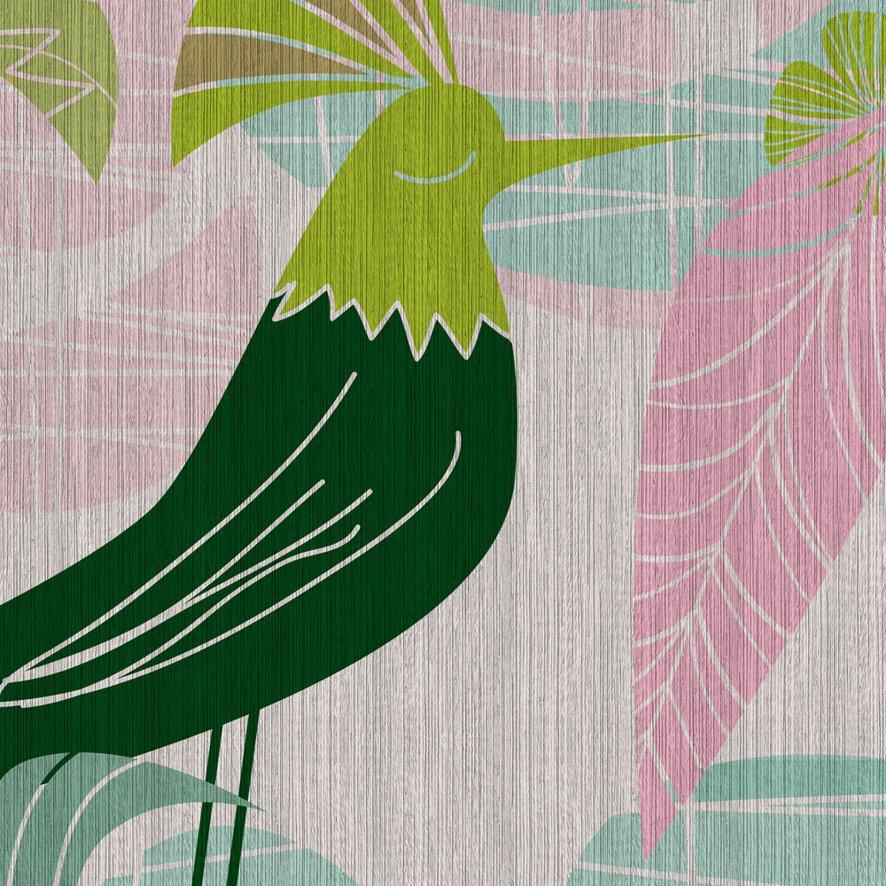             Birdland 3 – Fototapete Grün & Rosa Vögel Muster im Retro Stil
        