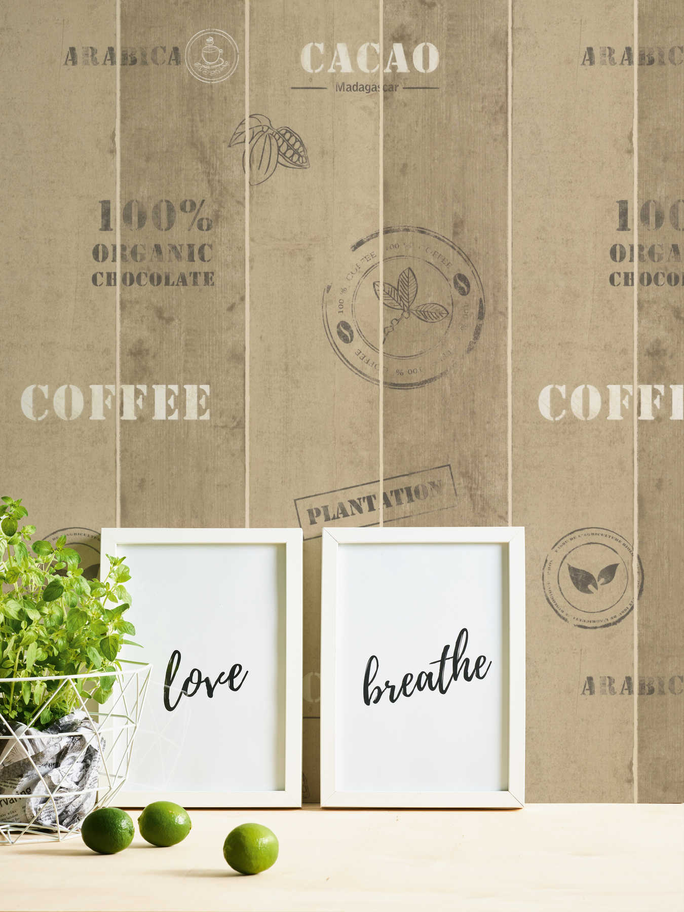             Küchen Tapete mit Kaffee Design & Holzoptik – Braun
        