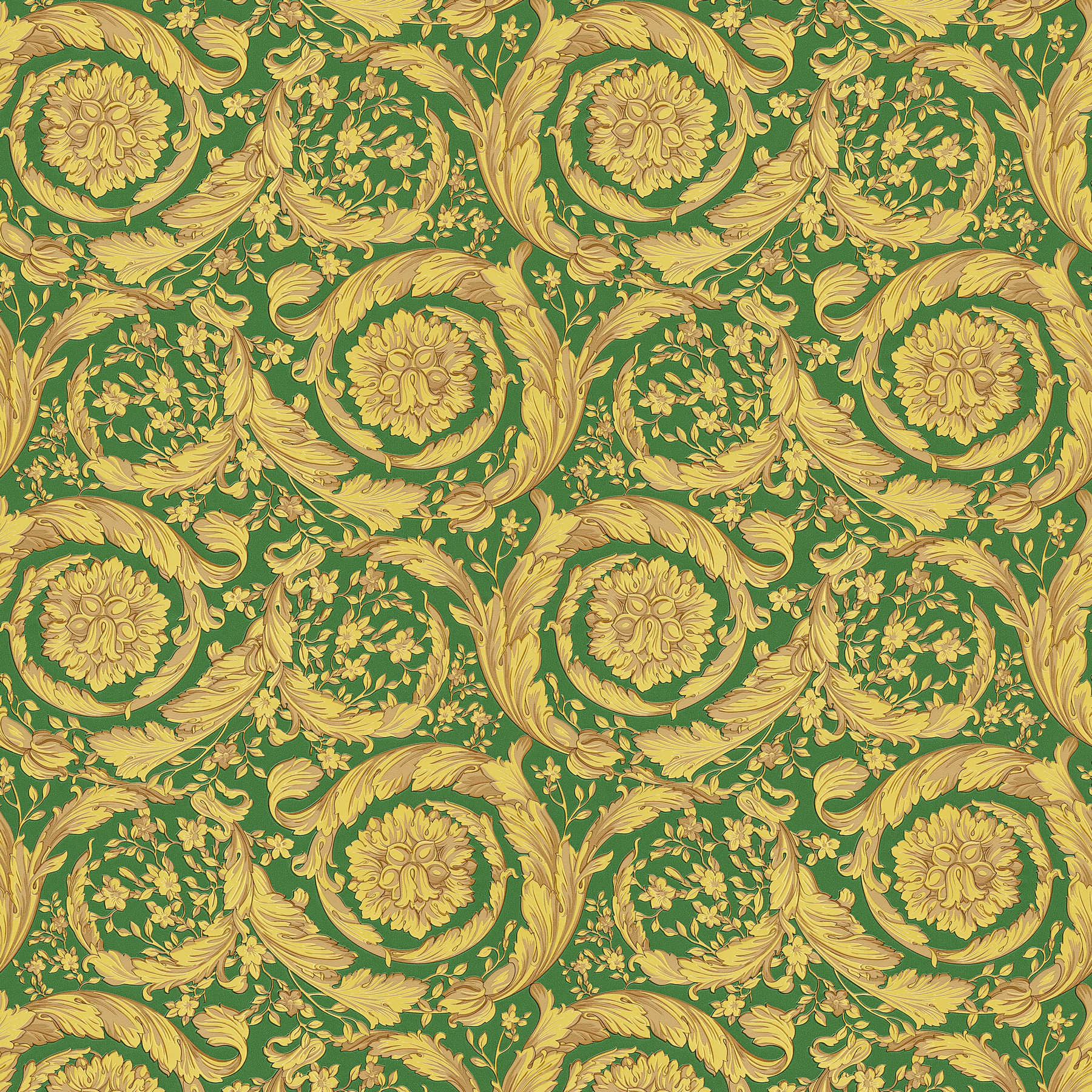 VERSACE Tapete ornamentales Blumenmuster – Grün, Metallic, Gelb

