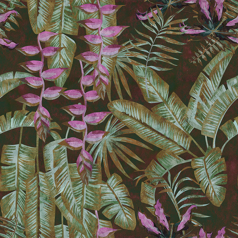 Tropicana 1 - Dschungel Fototapete mit Bananenblättern & Farnen-Löschpapier Struktur – Grün, Violett | Perlmutt Glattvlies
