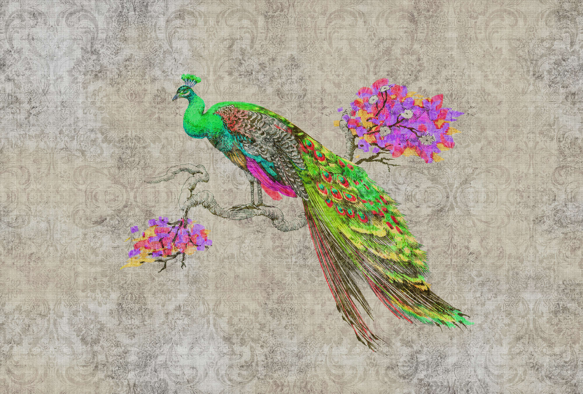             Peacock 1 - Fototapete in naturleinen Struktur mit Pfau in Neonfarben – Grün, Rosa | Premium Glattvlies
        