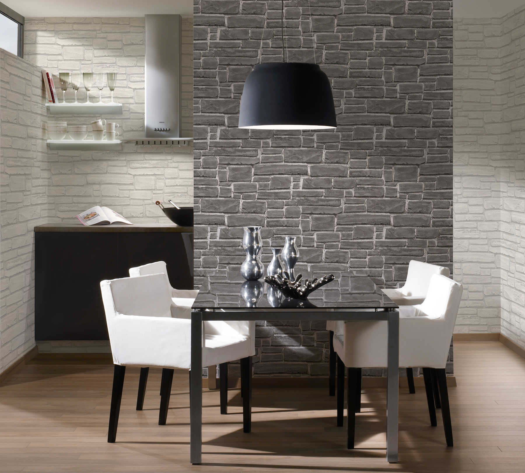             Mauerwerk-Tapete mit hellgrauen Steinen – Weiß, Grau
        