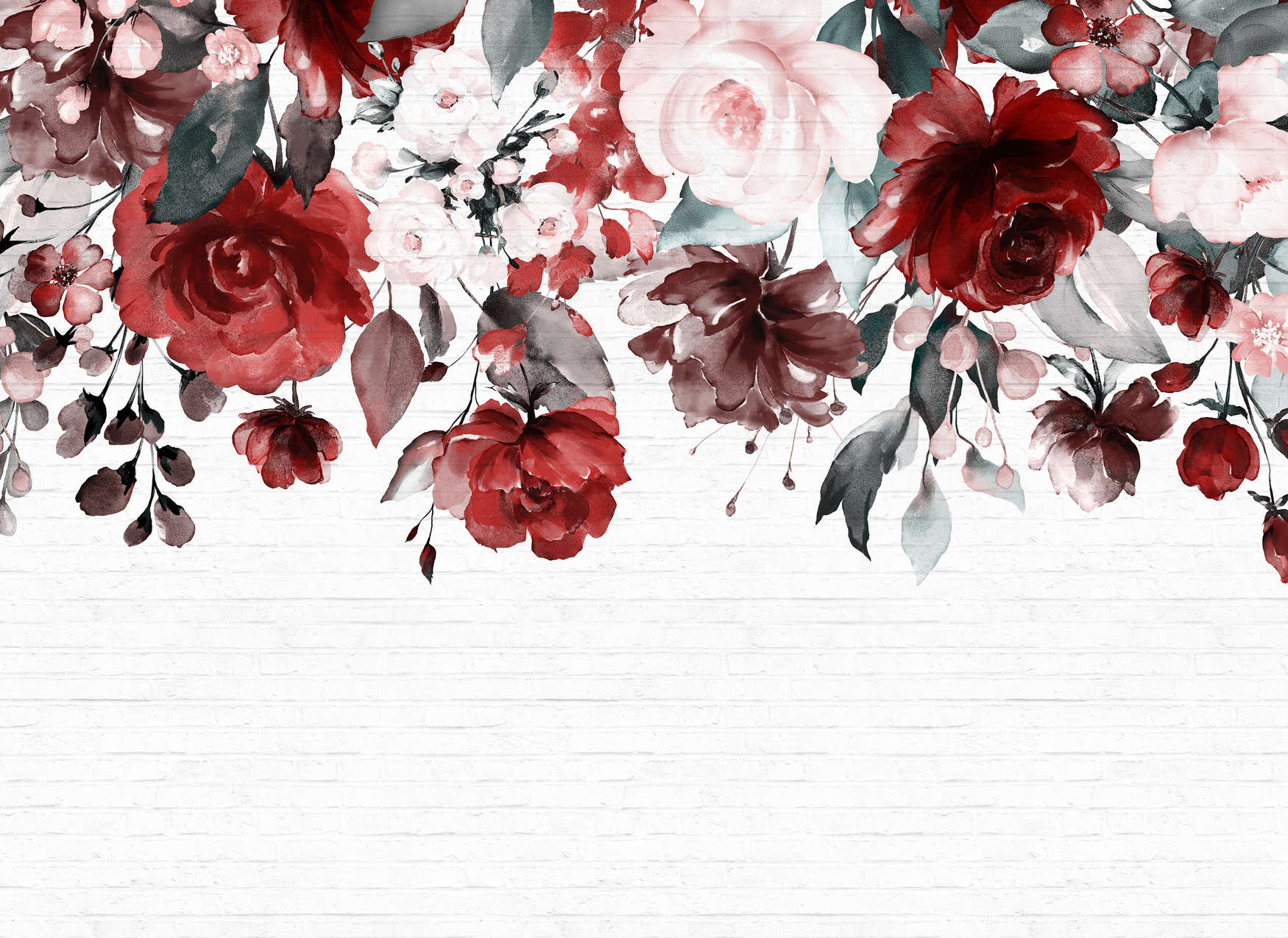             Knallige Blumen an Wand in Steinoptik – Weiß, Rot, Rosa
        