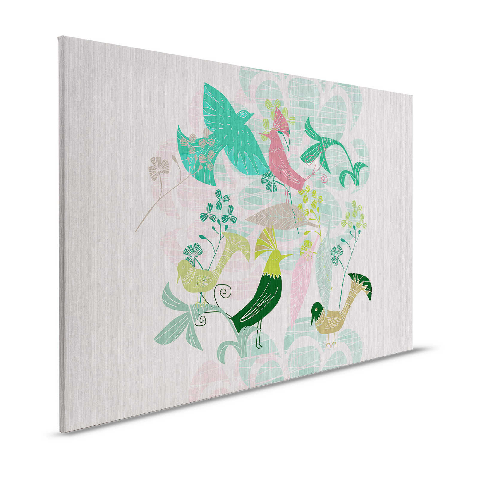        Birdland 3 - Leinwandbild Grün & Rosa Vögel Muster im Retro Stil – 1,20 m x 0,80 m
    