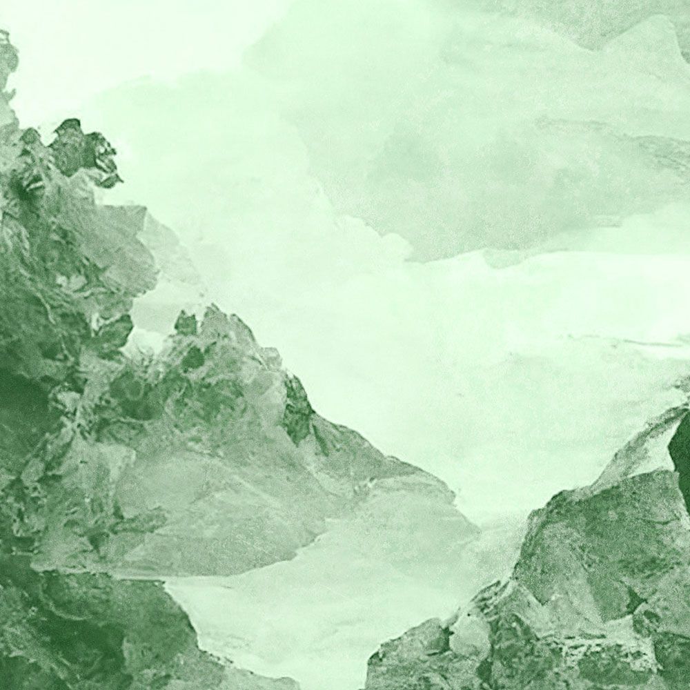             Fototapete »tinterra 2« - Landschaft mit Bergen & Nebel – Grün | Glattes, leicht perlmutt-schimmerndes Vlies
        