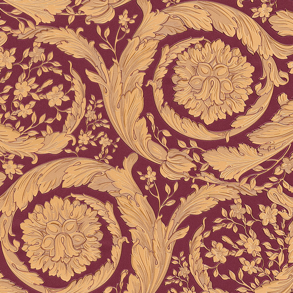             VERSACE Tapete ornamentales Blumenmuster – Rot, Gold, Braun
        