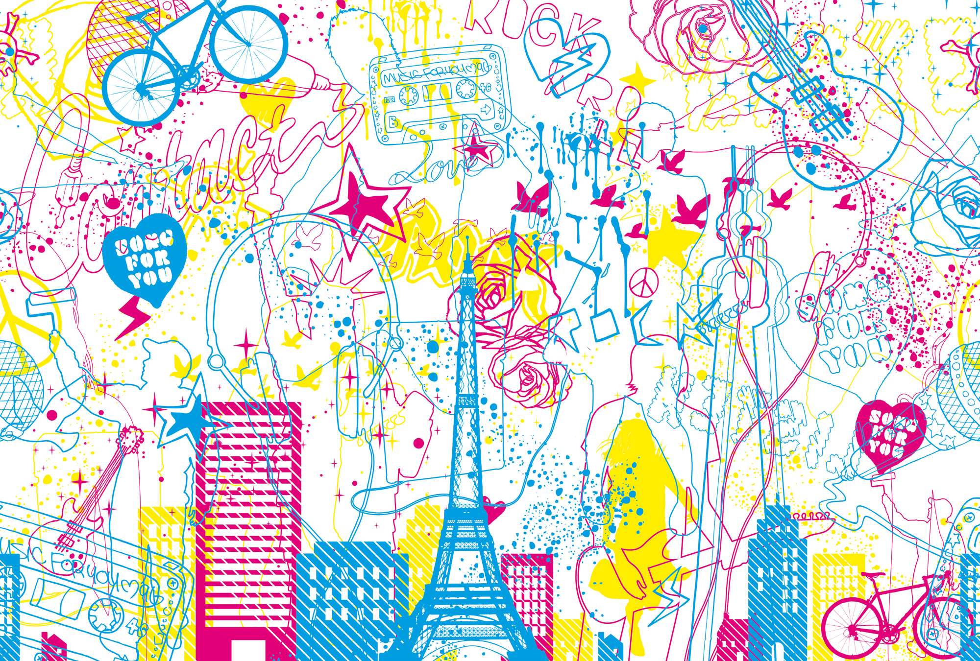             Musik & Stadt – Fototapete Kinder Design Doodle Look
        