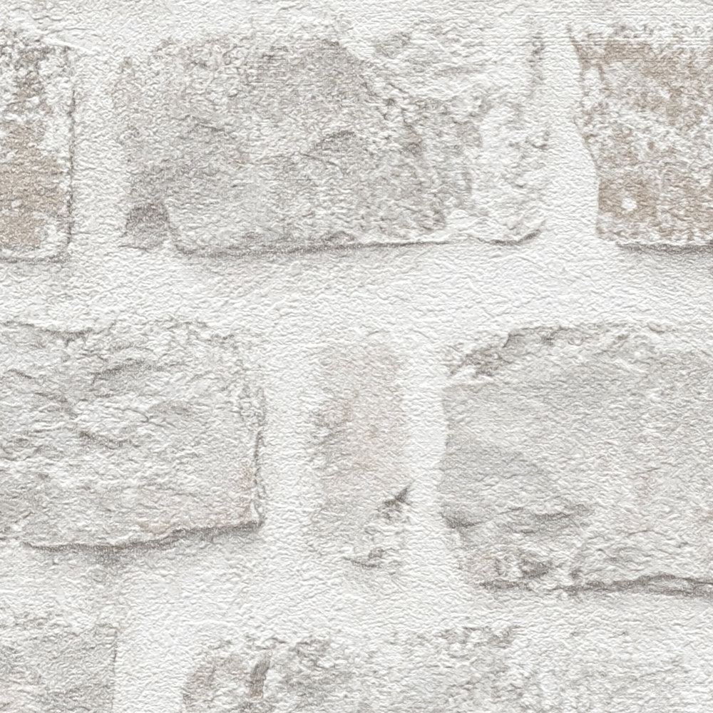             Vliestapete mit Natursteinmauer PVC-frei – Grau, Weiß
        