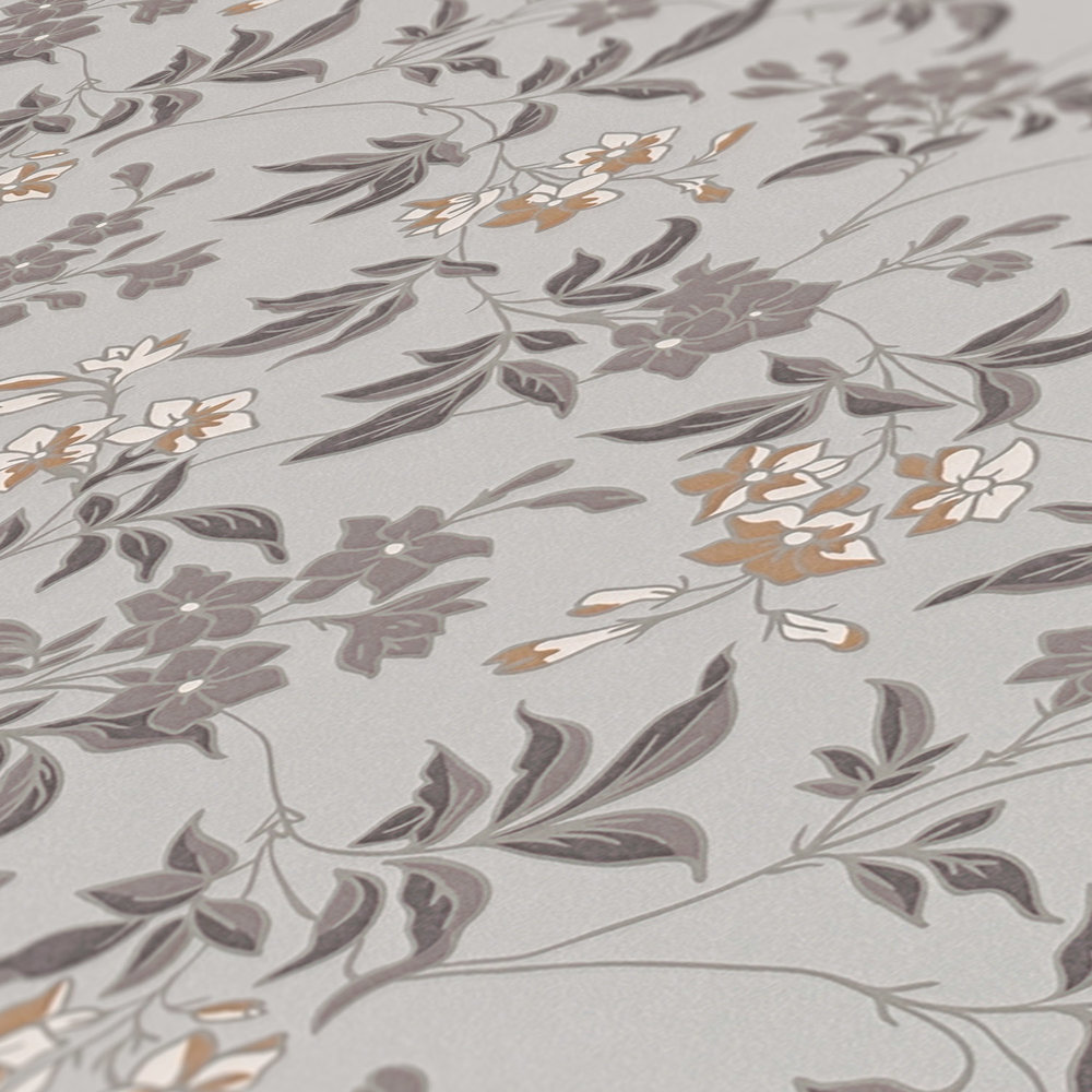             Tapete mit floralem Muster Blumen und Ranken – Grau, Braun, Weiß
        