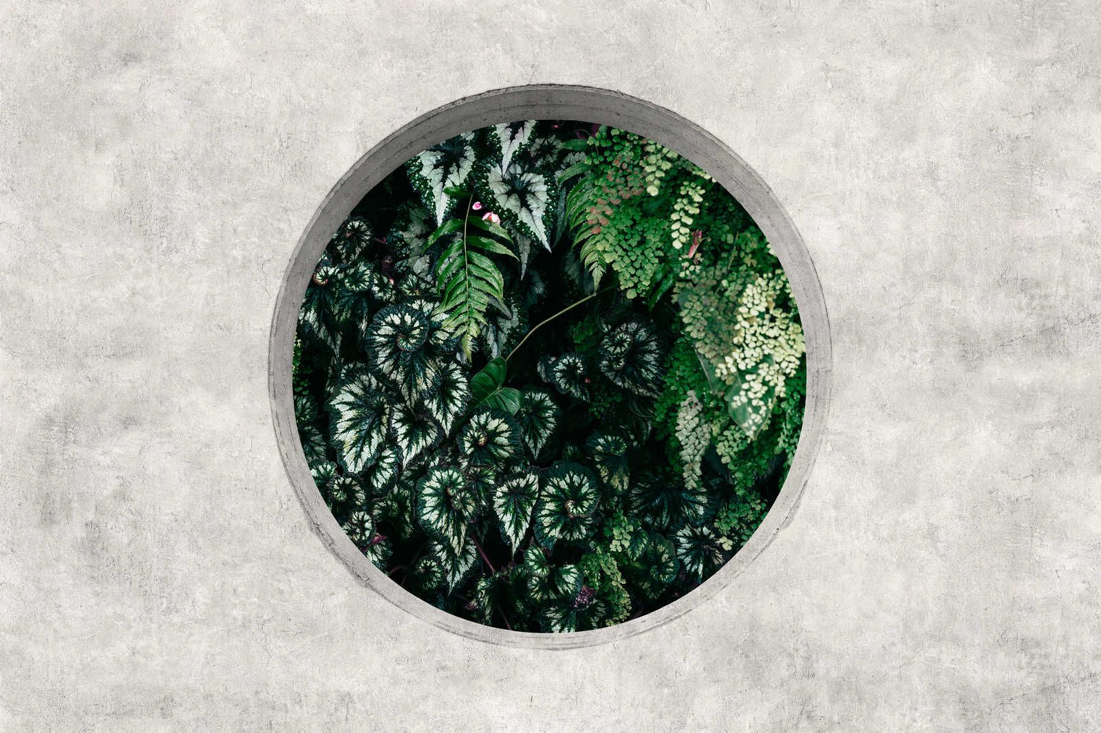             Deep Green 1 - Leinwandbild Fenster Rund mit Dschungel Pflanzen – 1,20 m x 0,80 m
        