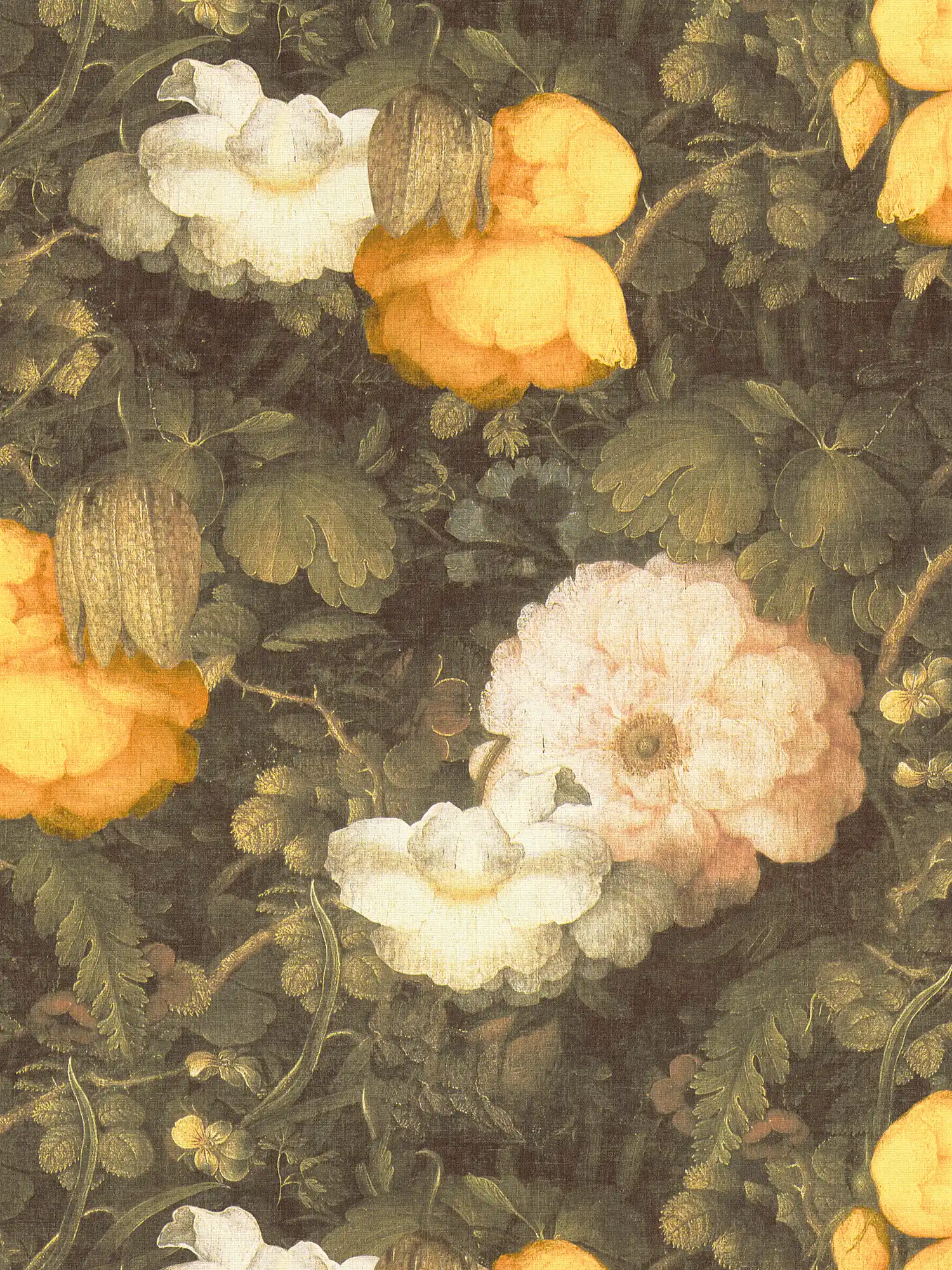         Blumentapete im Gemälde Stil, Leinwandoptik – Grün, Gelb, Creme
    