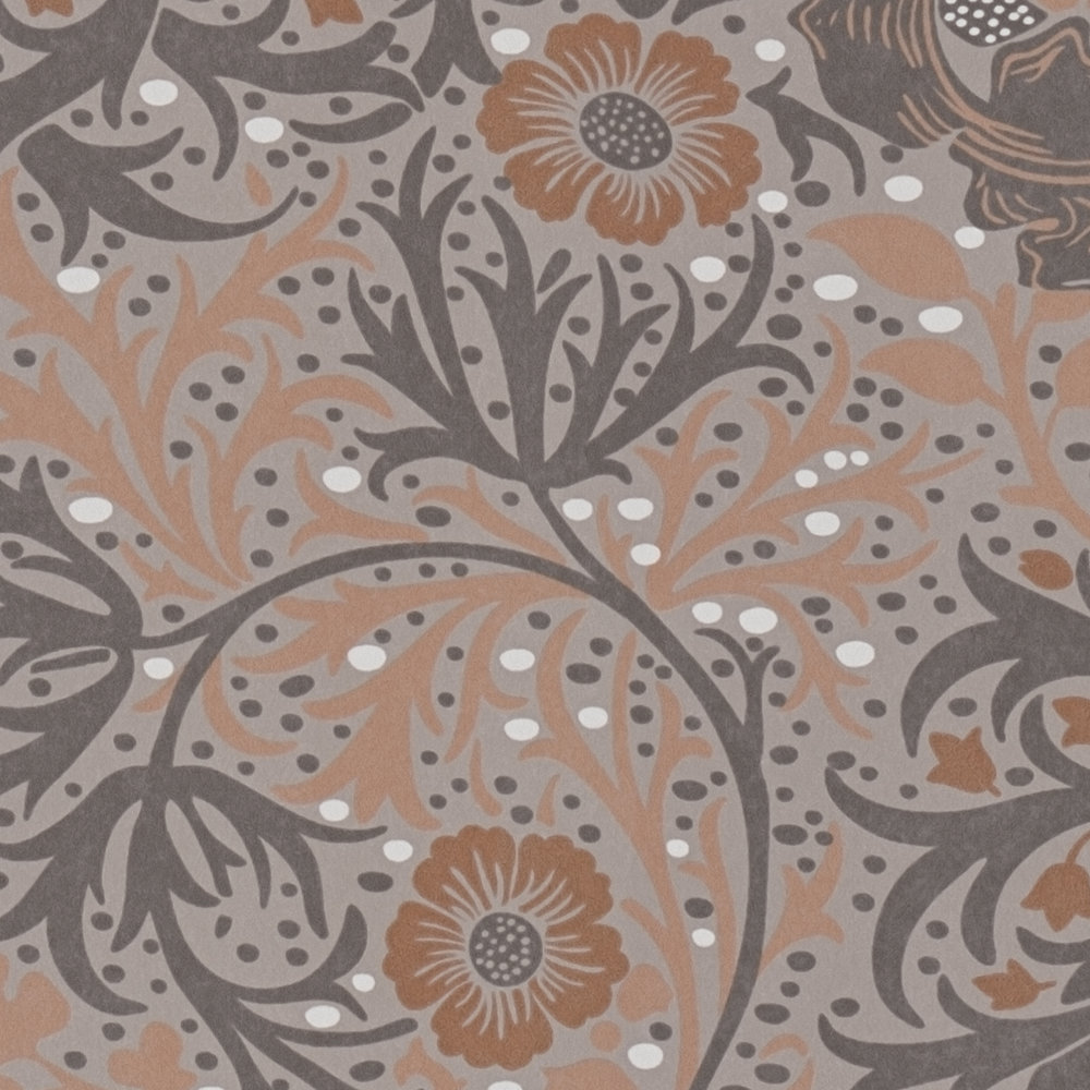             Tapete mit Blüten und Ranken floral & gepunktet – orange, Grau, Schwarz
        