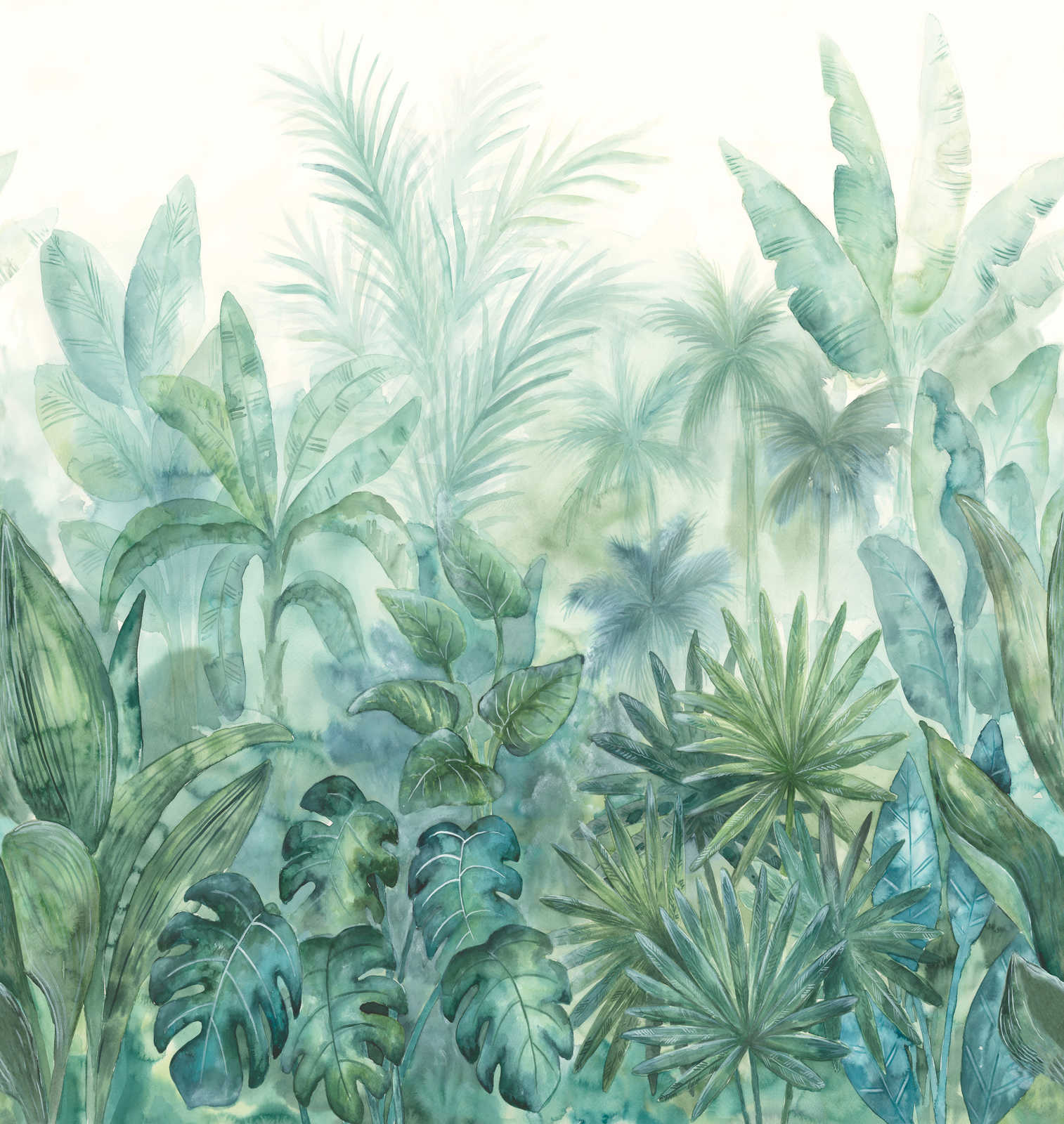             Tapete mit Dschungelmotiv in Aquarelloptik – Grün, Blau, Creme
        