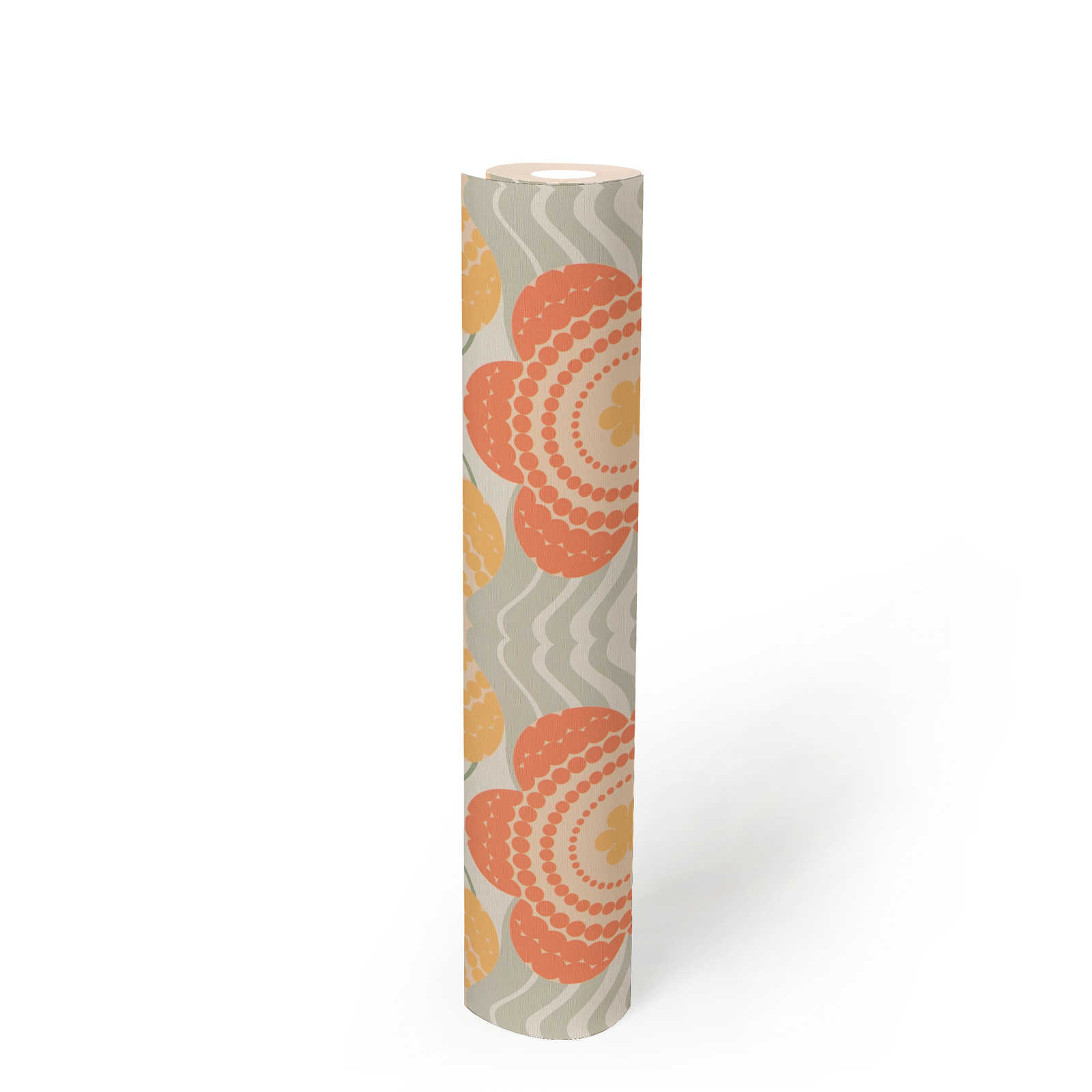             Retro Vliestapete mit Wellen und Blumen Muster – Orange, Gelb, Grün
        