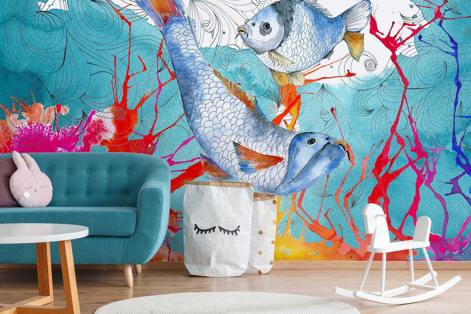             Aquarell Fototapete Fisch Motiv in Blau und Rosa auf Premium Glattvlies
        