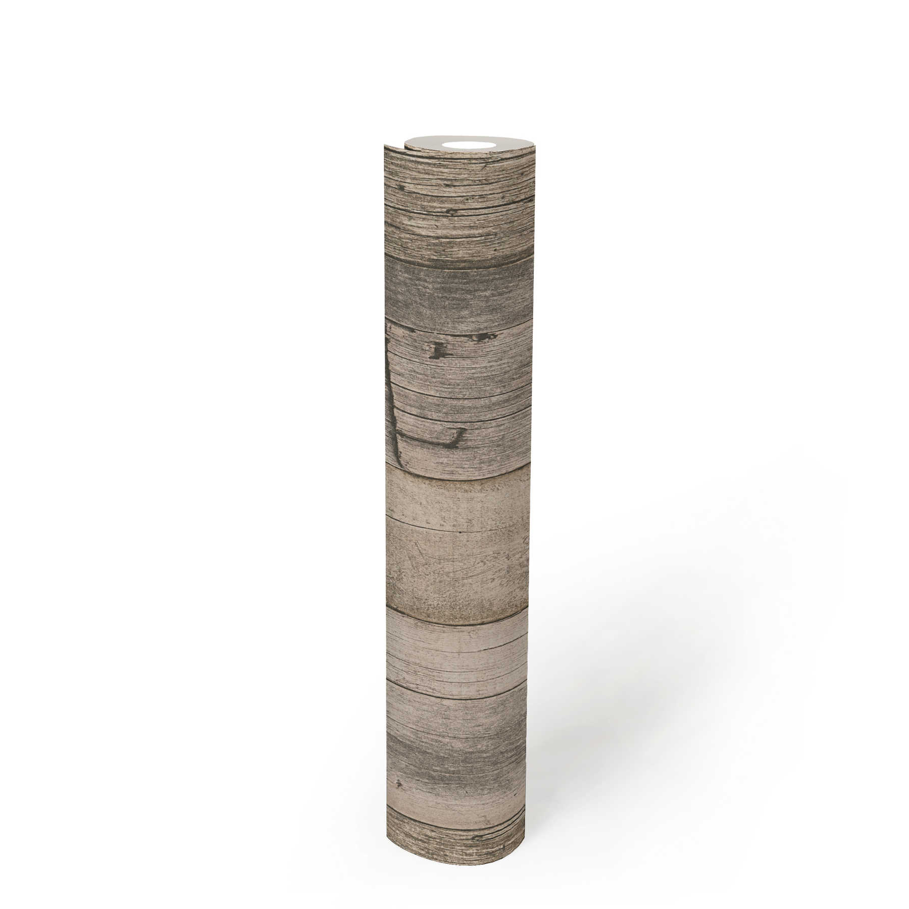             Holztapete mit Brettern im rustikalen Industrial Design – Beige, Schwarz, Creme
        