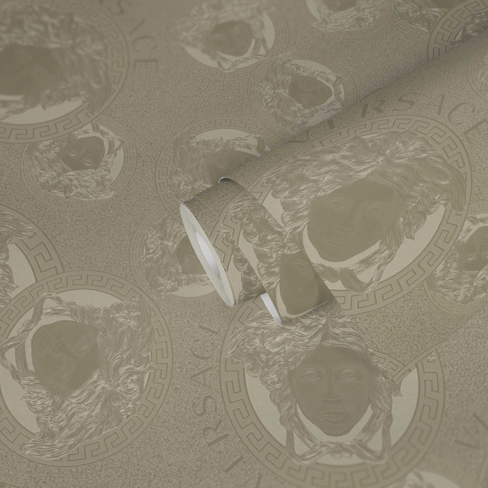             Silber Tapete Metallic Medusa Design mit Strukturdesign
        