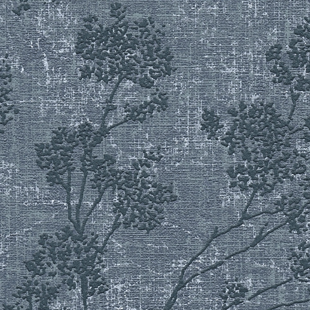            Tapete Blätter Muster in Leinen-Optik – Blau
        