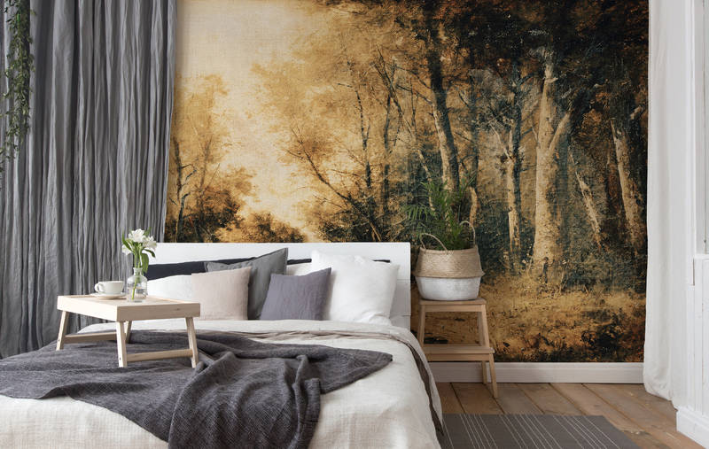             Fototapete Landschaft-Gemälde, Wald-Panorama – Braun, Gelb, Beige
        