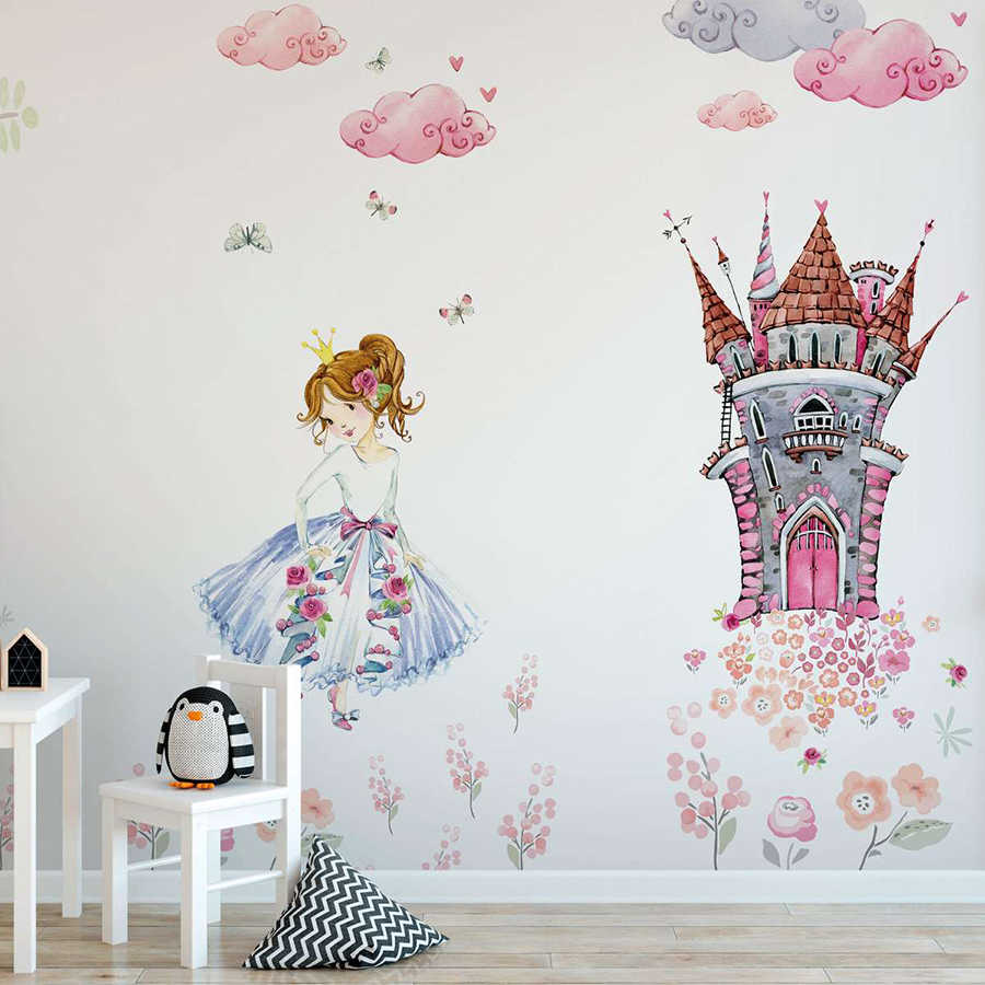Fototapete mit Prinzessin im Schlossgarten Kinderzimmer – Rosa, Weiß, Grün
