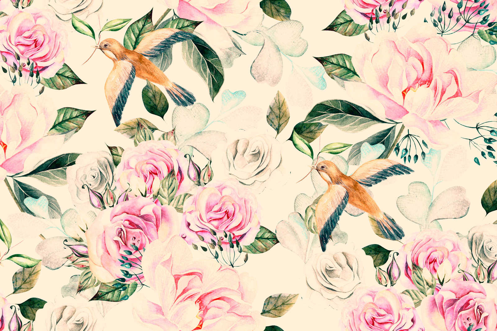             Leinwand mit verspielten Blumen und Vögel im Vintage-Stil – 0,90 m x 0,60 m
        