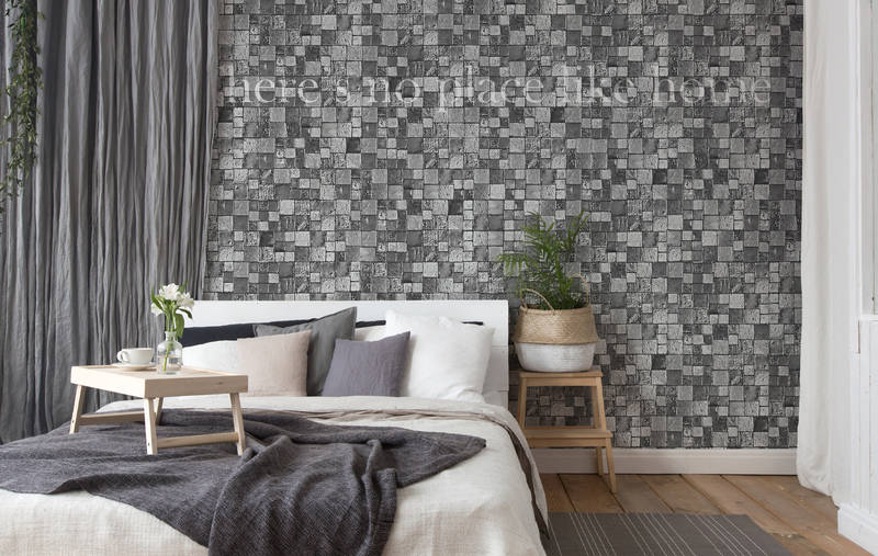             Fototapete Mosaik, graue Steinoptik & Spruch – Weiß, Grau, Schwarz
        