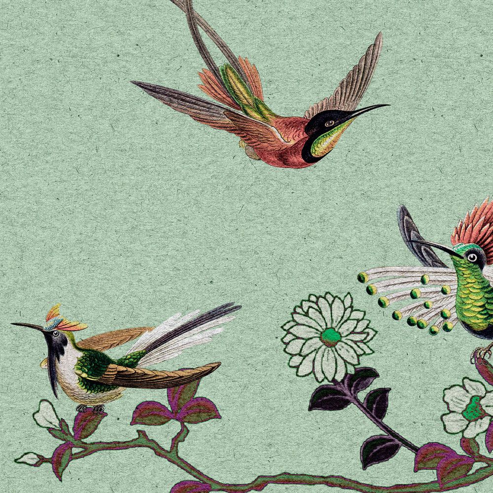             Fototapete »madras 1« - Grünes Blüten-Motiv mit Vögeln auf Kraftpapier-Struktur – Glattes, leicht perlmutt-schimmerndes Vlies
        