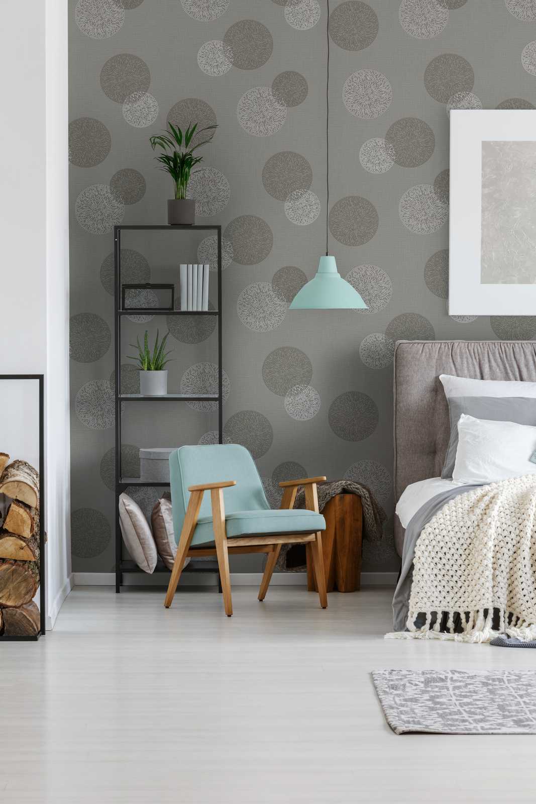             Wohnzimmer Tapete mit modernem Kreismuster – Grau
        