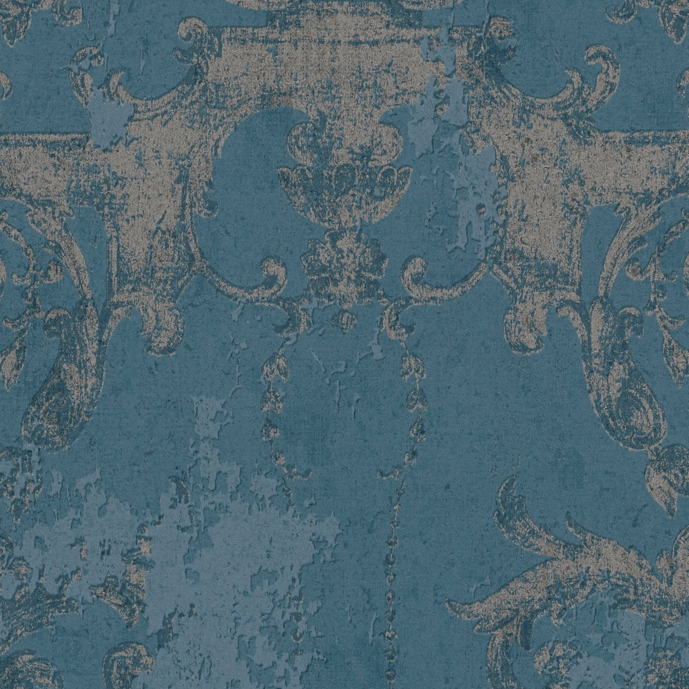             Ornamenttapete Vintage Stil & rustikal – Blau, Silber
        