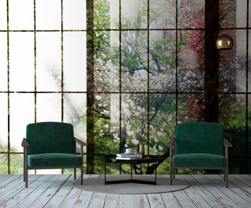             Orchard 2 - Fototapete, Fenster mit Garten Ausblick – Grün, Rosa | Premium Glattvlies
        