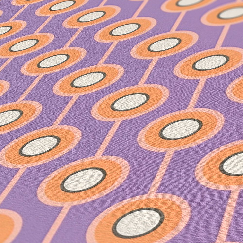             Abstrakte Kreis Bemusterung auf Vliestapete im Retro Stil – Lila, Orange, Beige
        