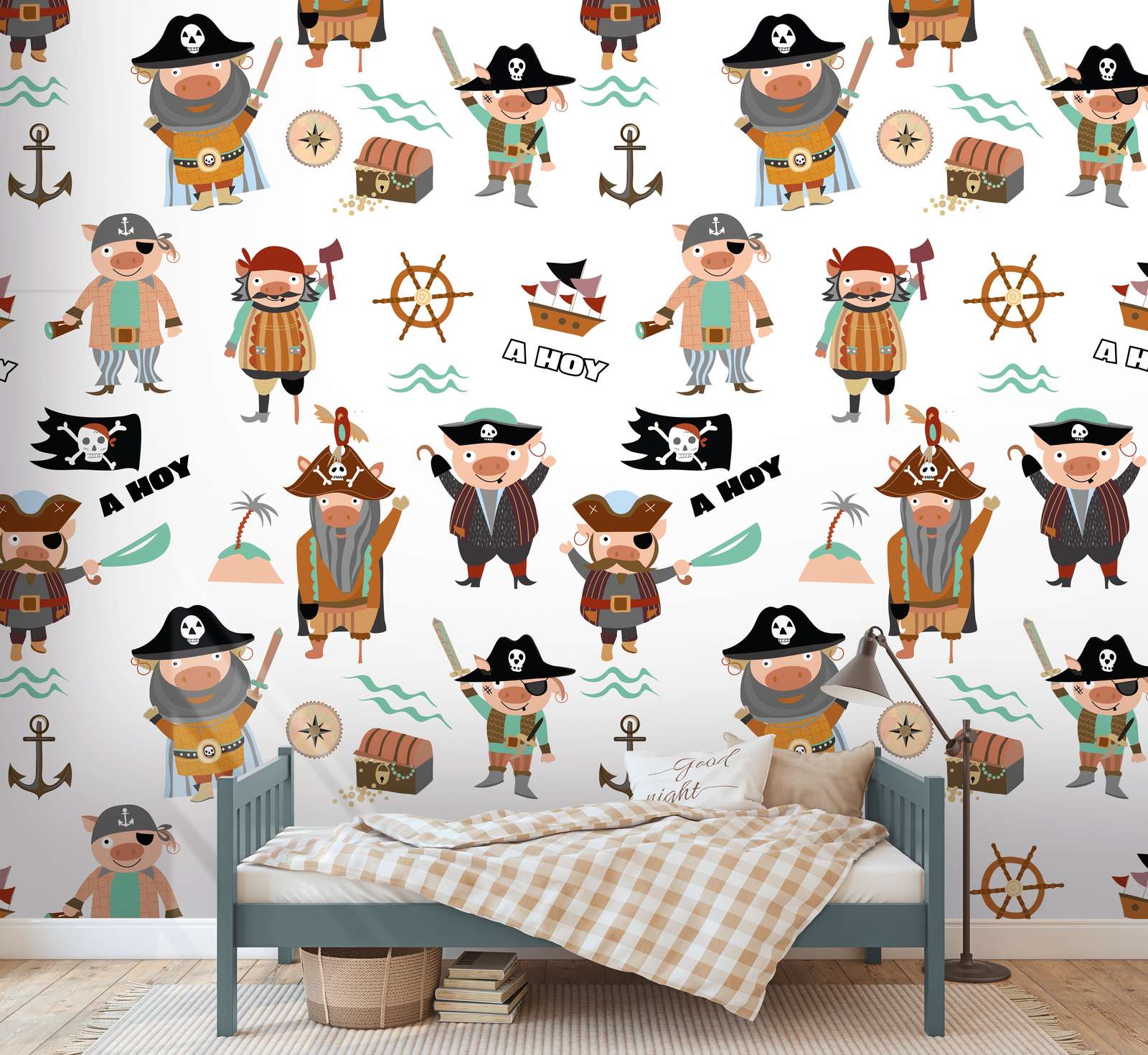             Kinder Tapete mit verschiedenen Piraten und Symbolen – Bunt, Creme, Braun
        