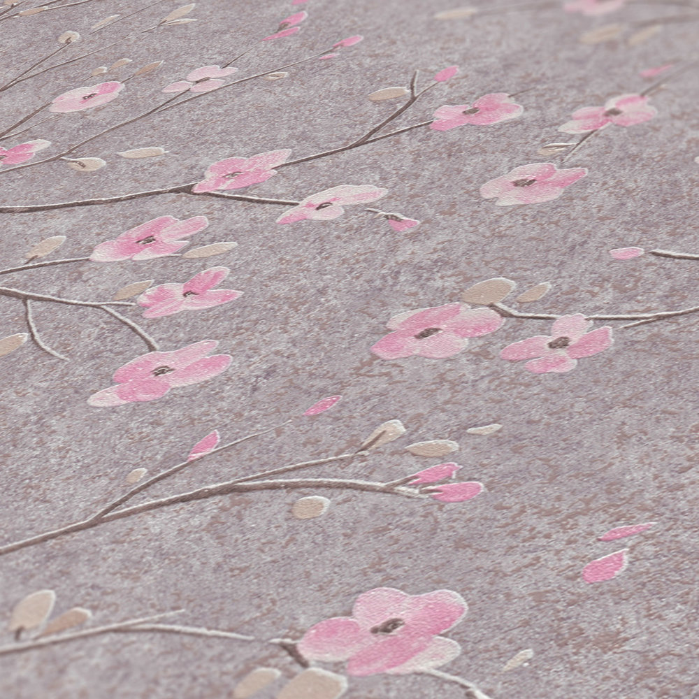            Asian Style Tapete mit Kirschblüten Muster – Grau, Rosa
        