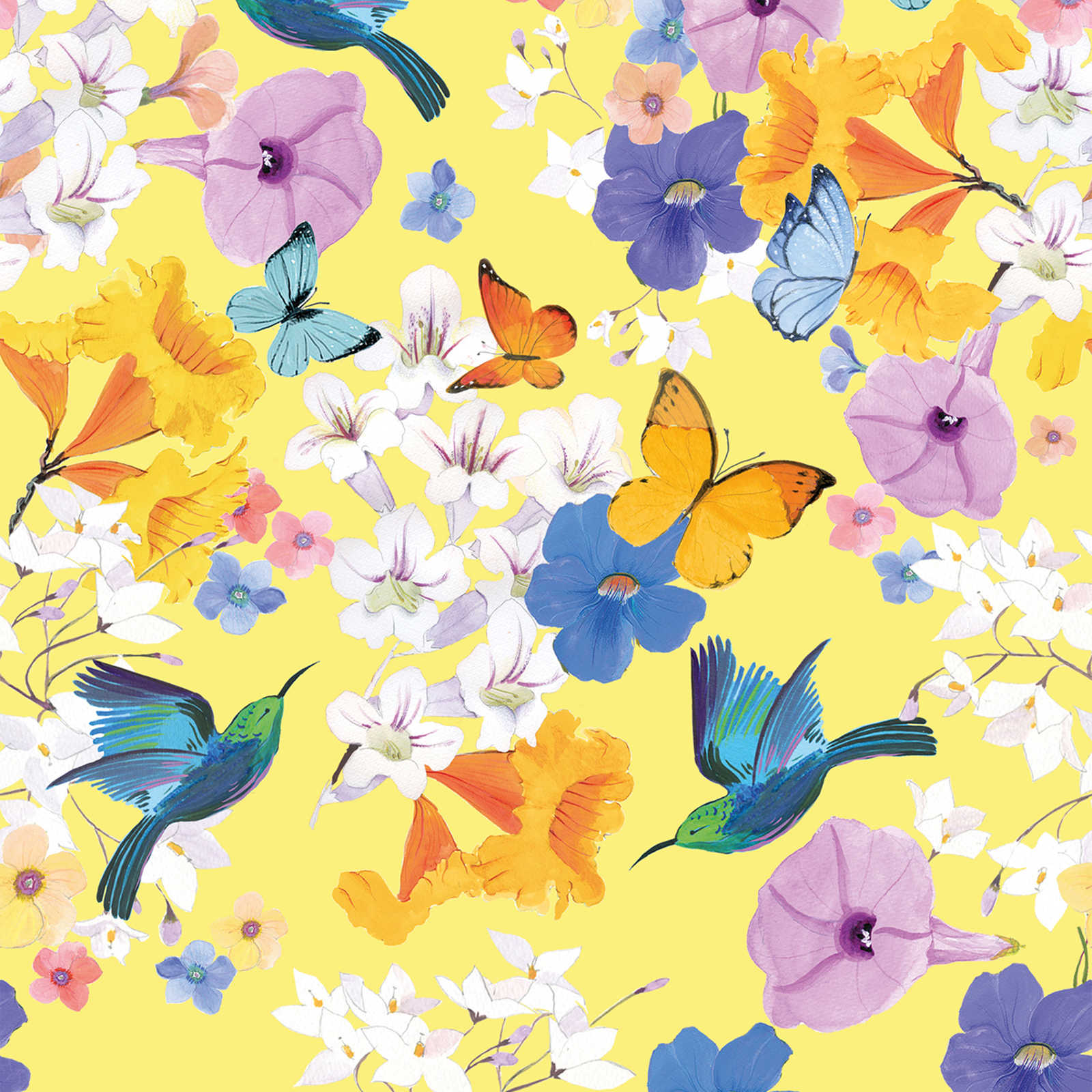 Blumen Tapete mit Schmetterlingen und Vögeln – Bunt, Gelb, Blau
