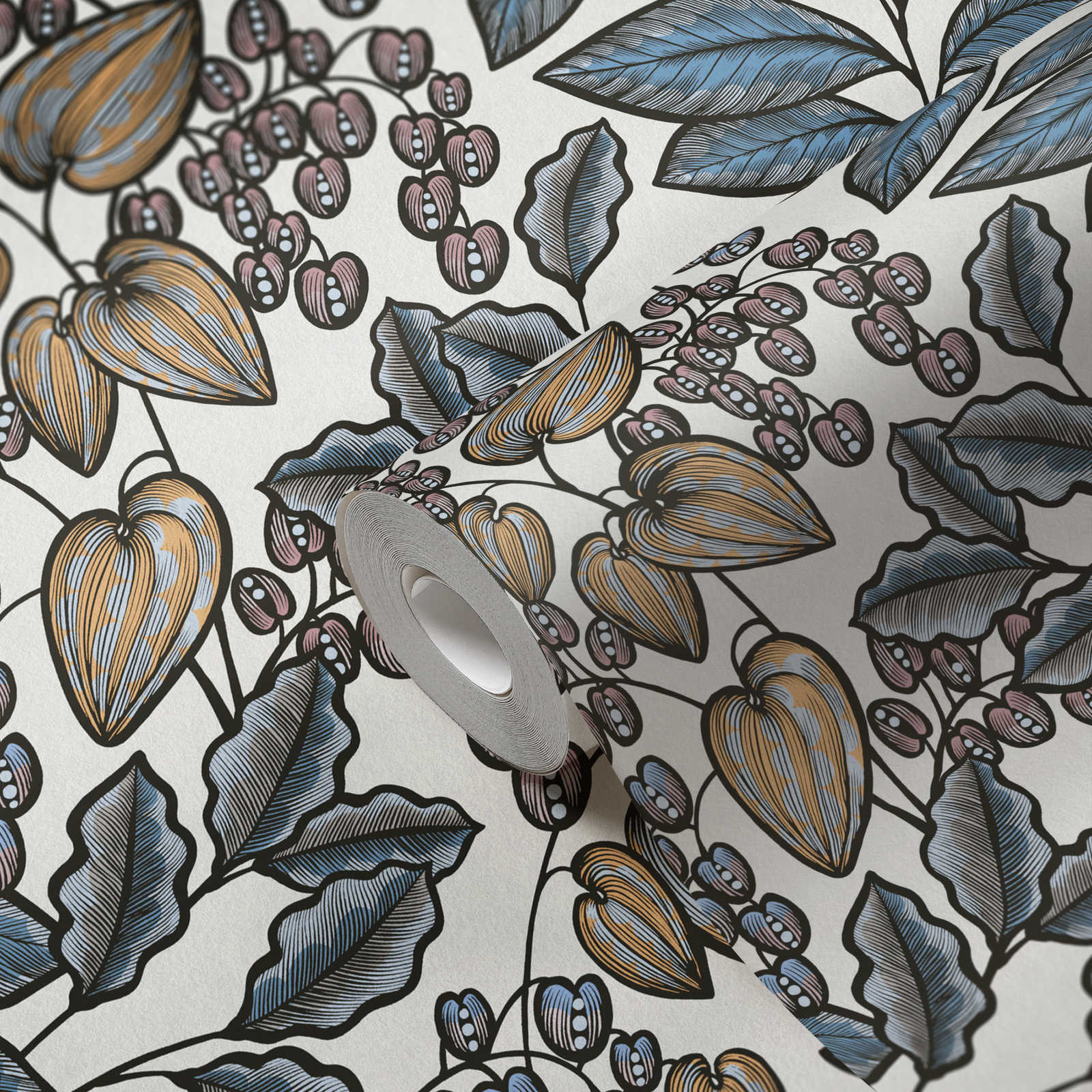             Moderne Tapete Blätter Muster im Retro Look – Blau, Weiß, Gelb
        