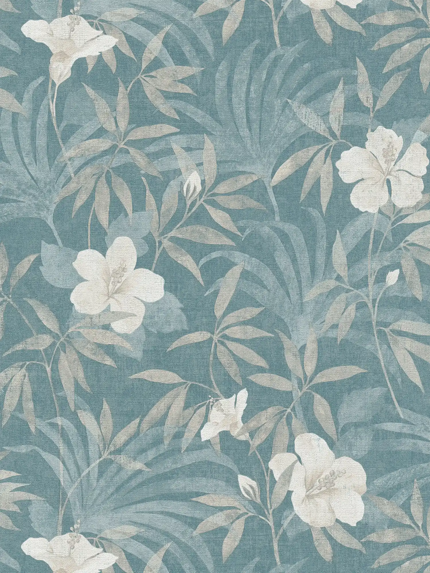 Tapete Petrol Dschungel Muster mit Hibiskus Blüten – Beige, Blau
