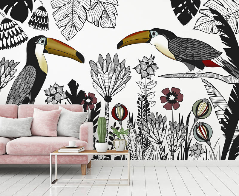             Vogel Fototapete Tukan mit tropischem Muster im Zeichenstil
        