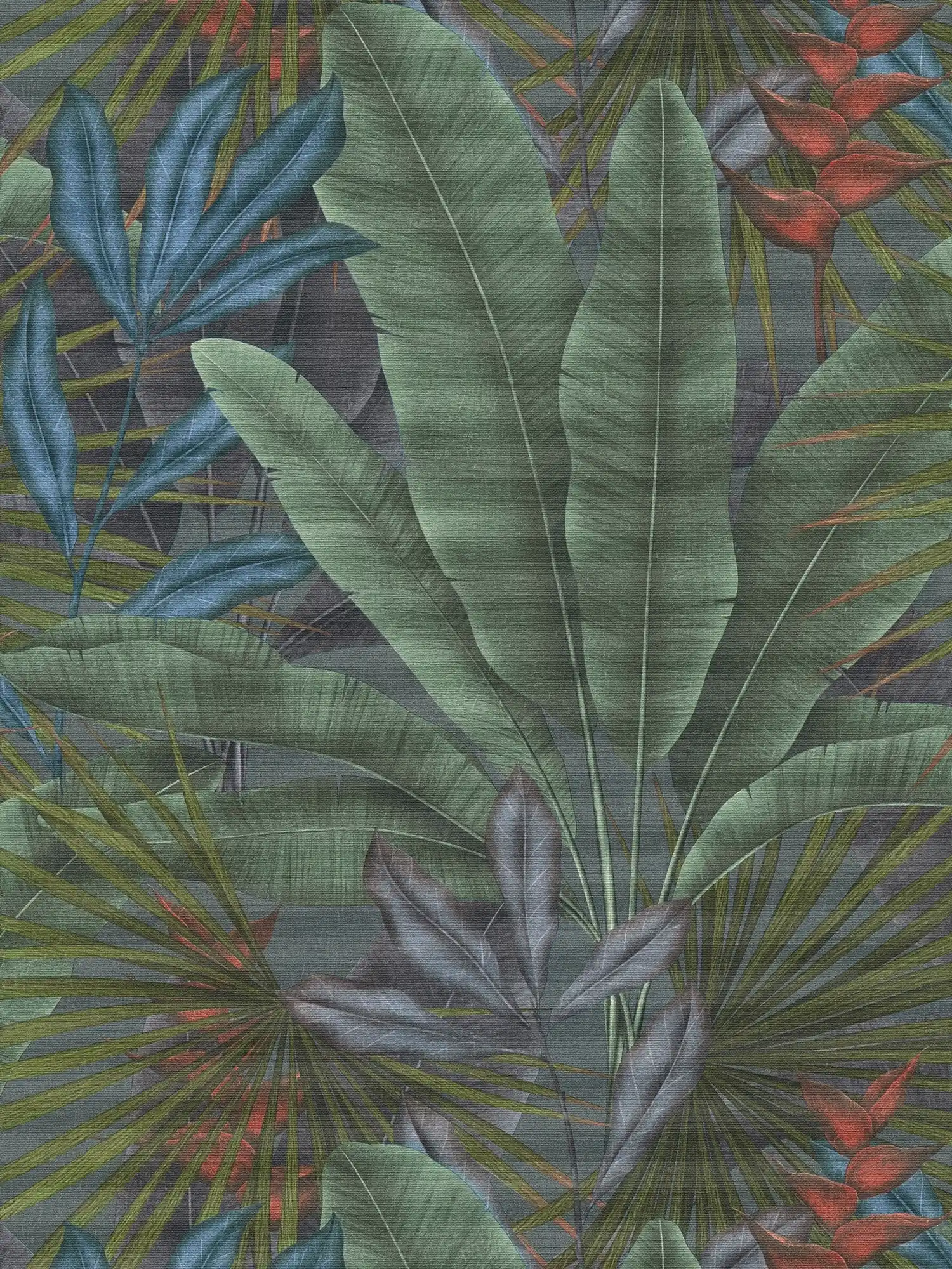 Vliestapete mit Dschungelblätter- Bemusterung und bunten Akzenten – grau, Grün, Rot
