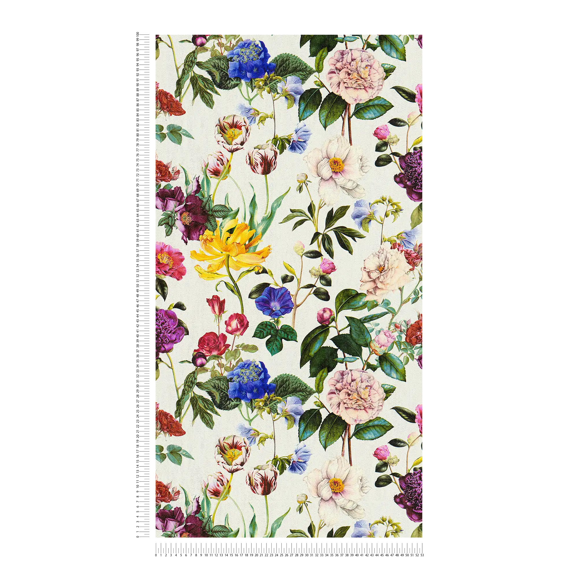             Blüten-Tapete mit Blumen in leuchtenden Farben – Bunt, Grün, Grau
        