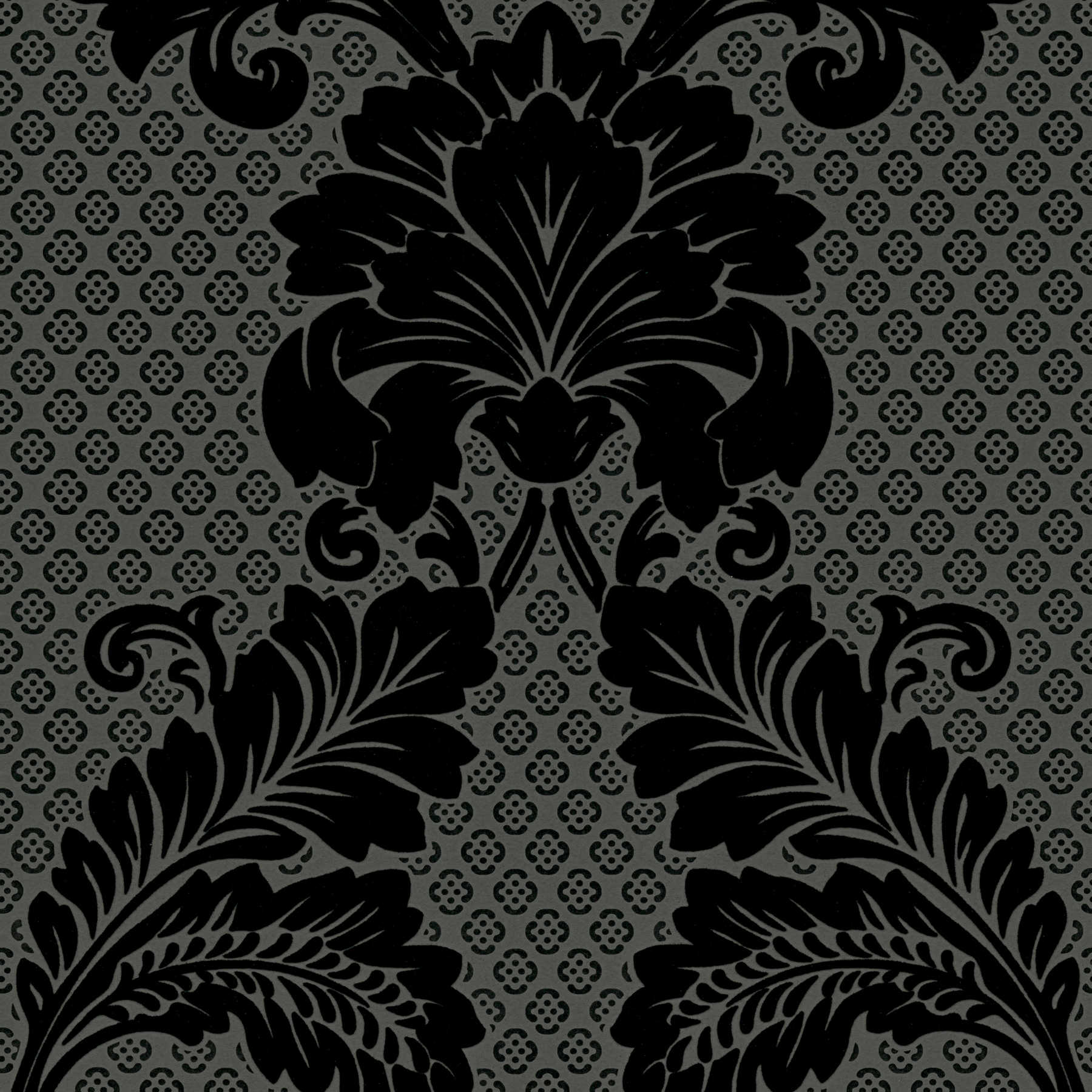 Gemusterte Ornamenttapete mit großem Floralen Motiv – Schwarz, Grau
