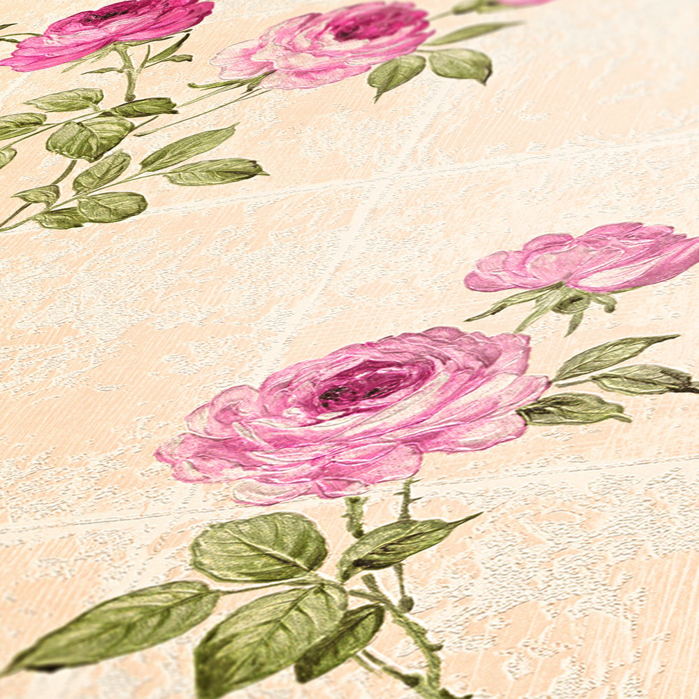             Fliesenoptik Tapete mit Rosenranken – Beige, Grün, Rosa
        