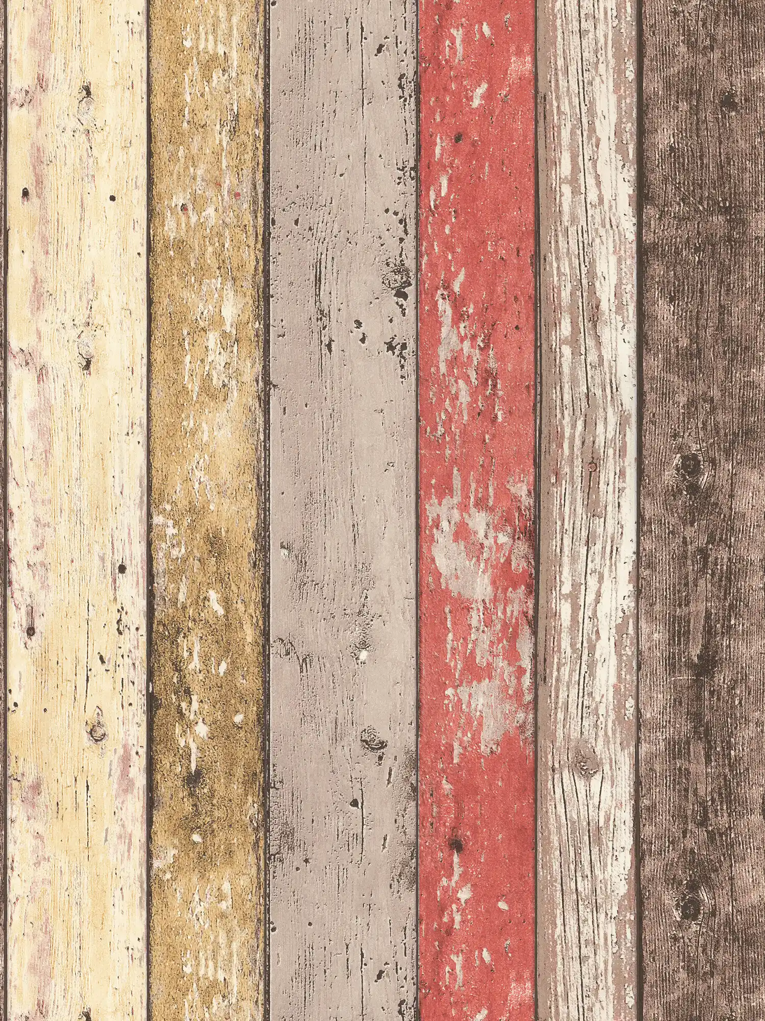 Holztapete mit Used Optik für Vintage & Landhausstil – Braun, Rot, Beige

