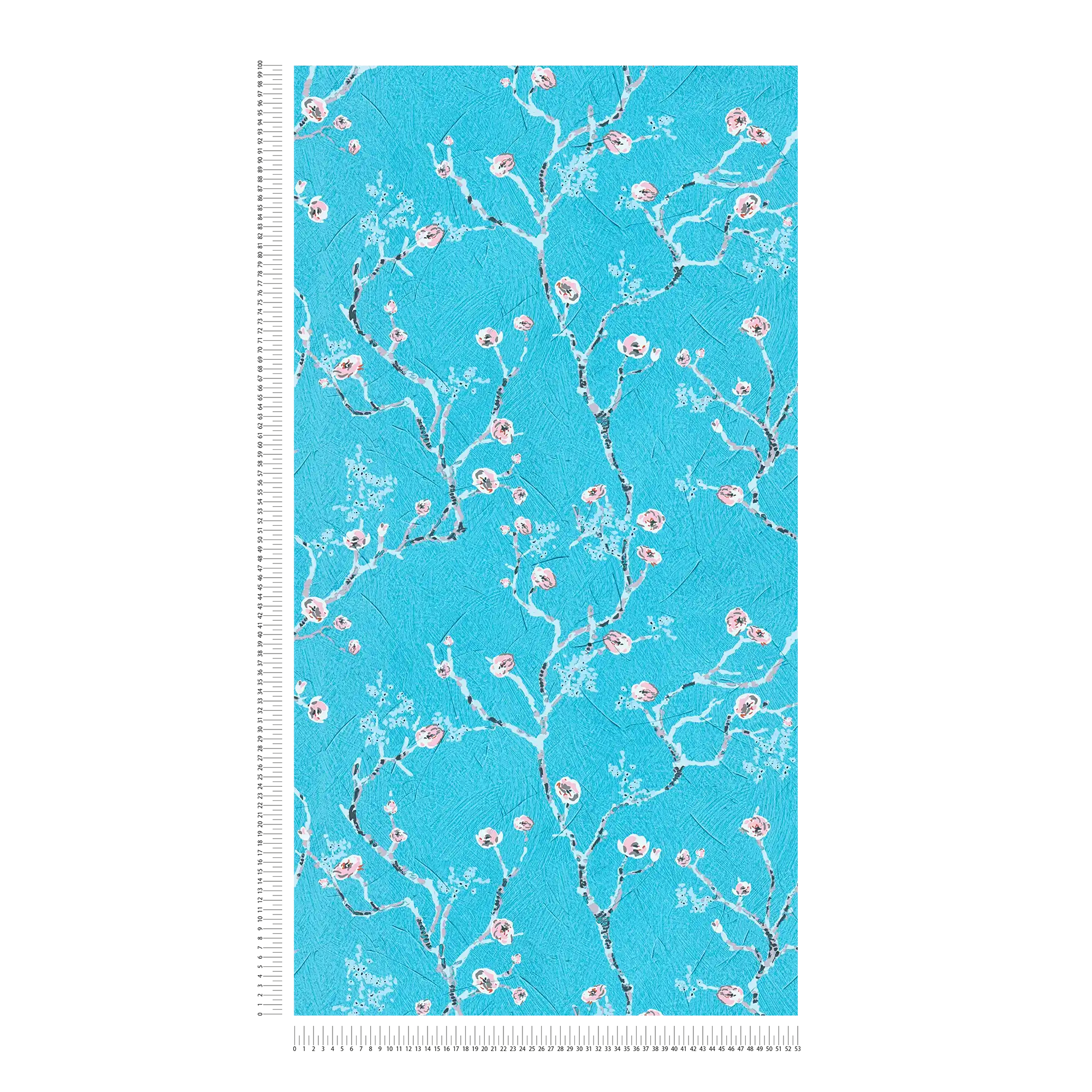             Blaue Tapete mit Kirschblüten Muster im Japan Stil
        