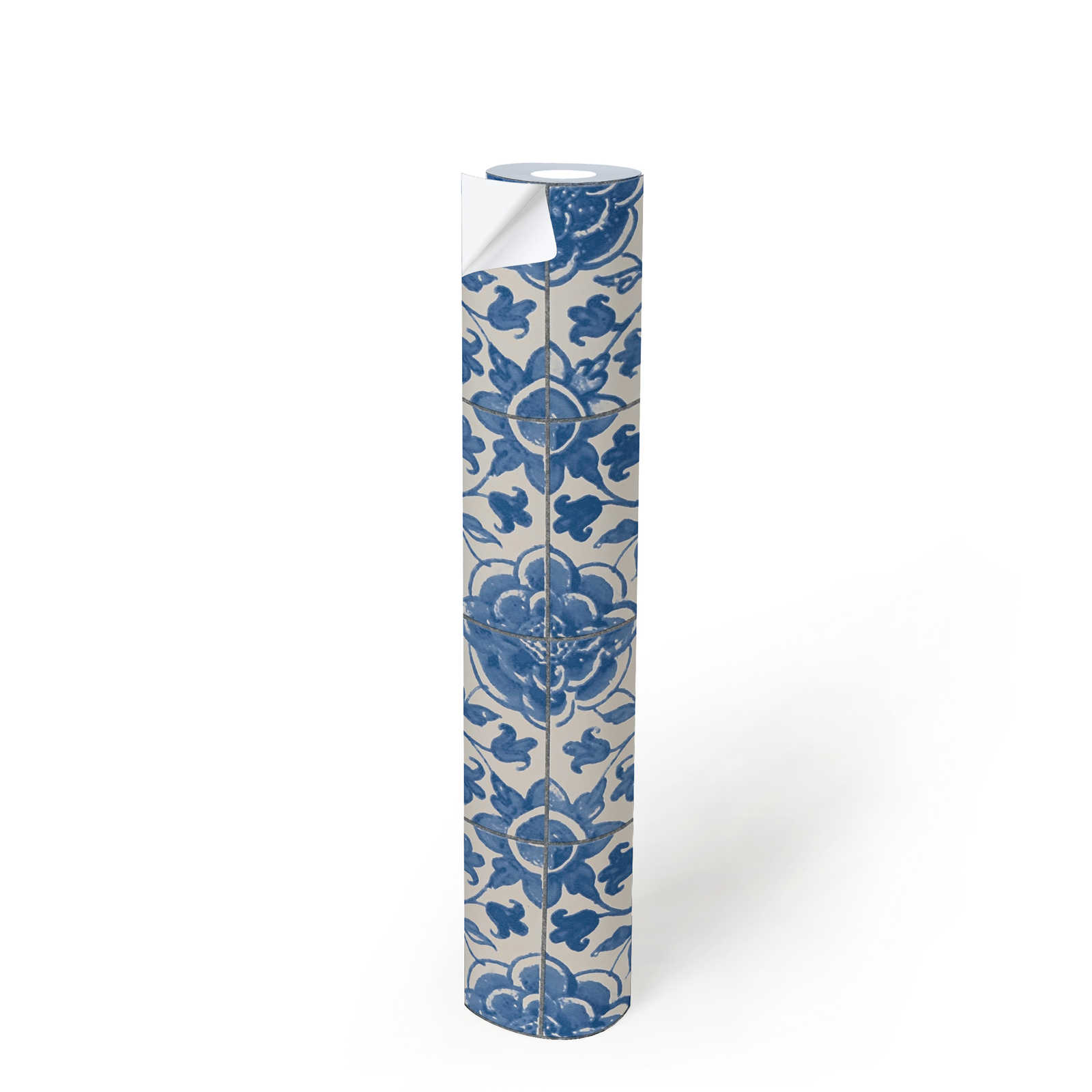             Selbstklebende Tapete | Fliesenoptik im Vintage Stil – Blau, Weiß
        