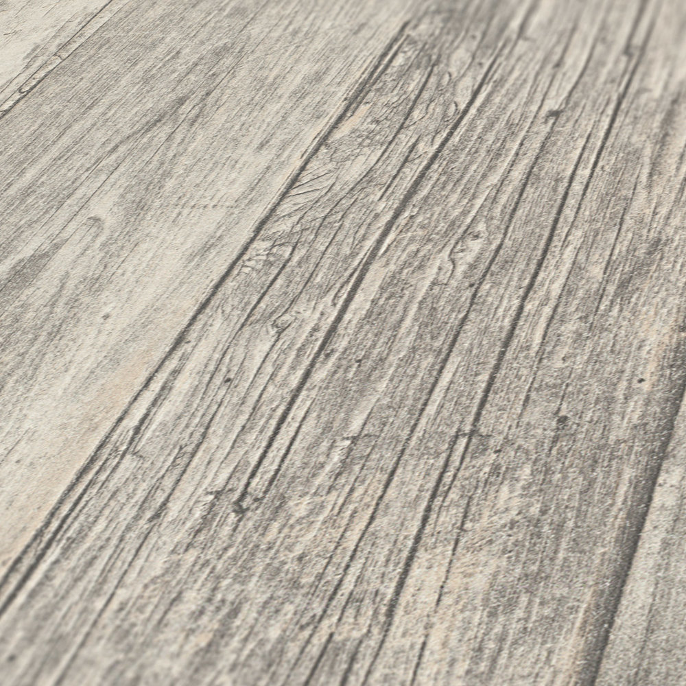             Holz-Tapete mit Brettern & Maserung im Vintage Design – Grau, Beige, Creme
        