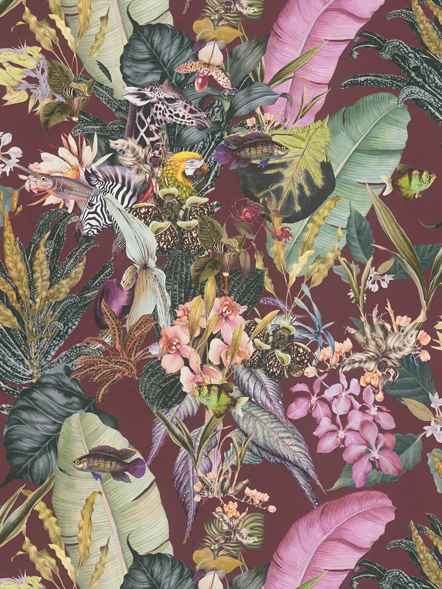 Dschungel Tapete Blumen & Tiere – Grün, Dunkelrot
