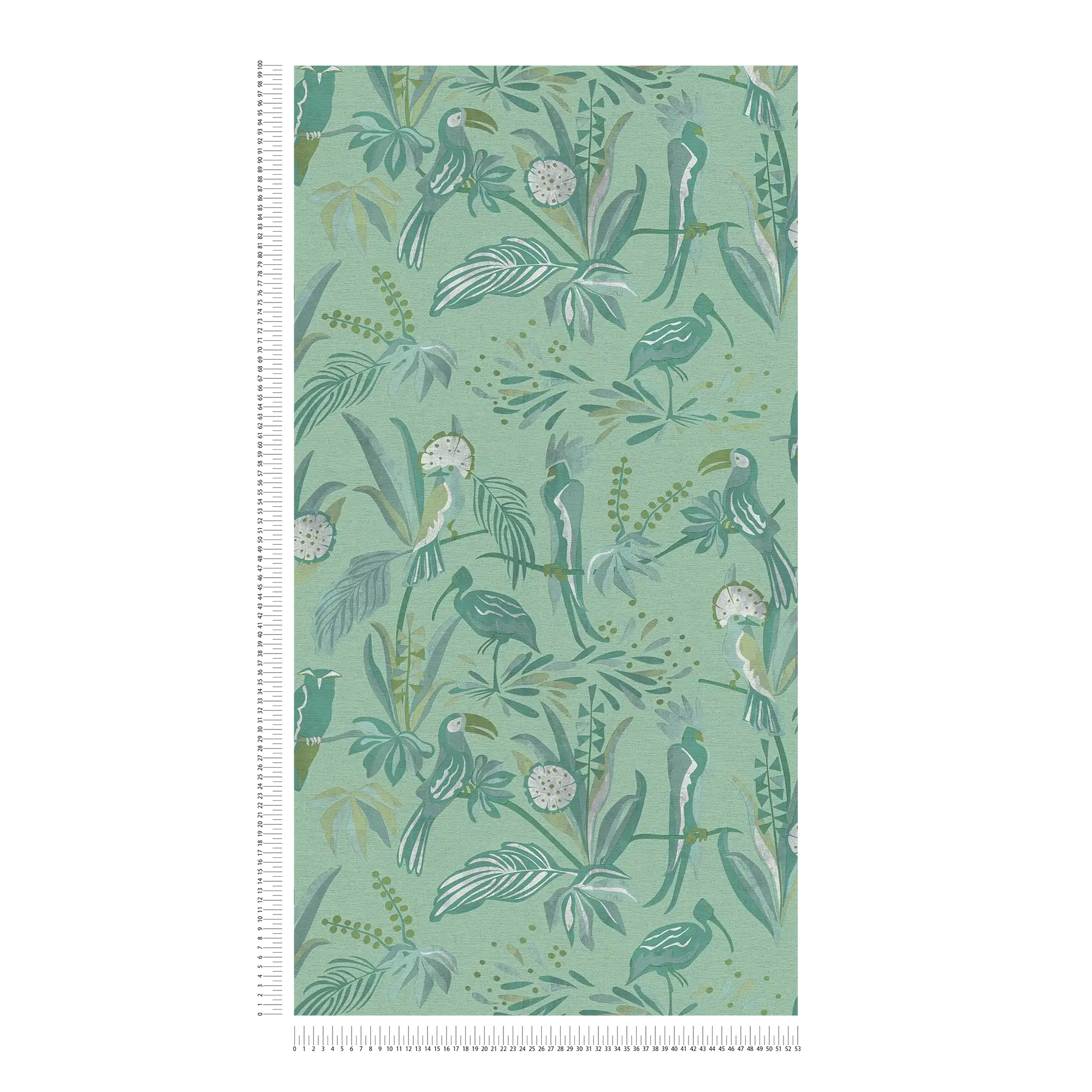             Vliestapete mit Dschungelmotiv Blätter & Vögel – Grün, Grau
        