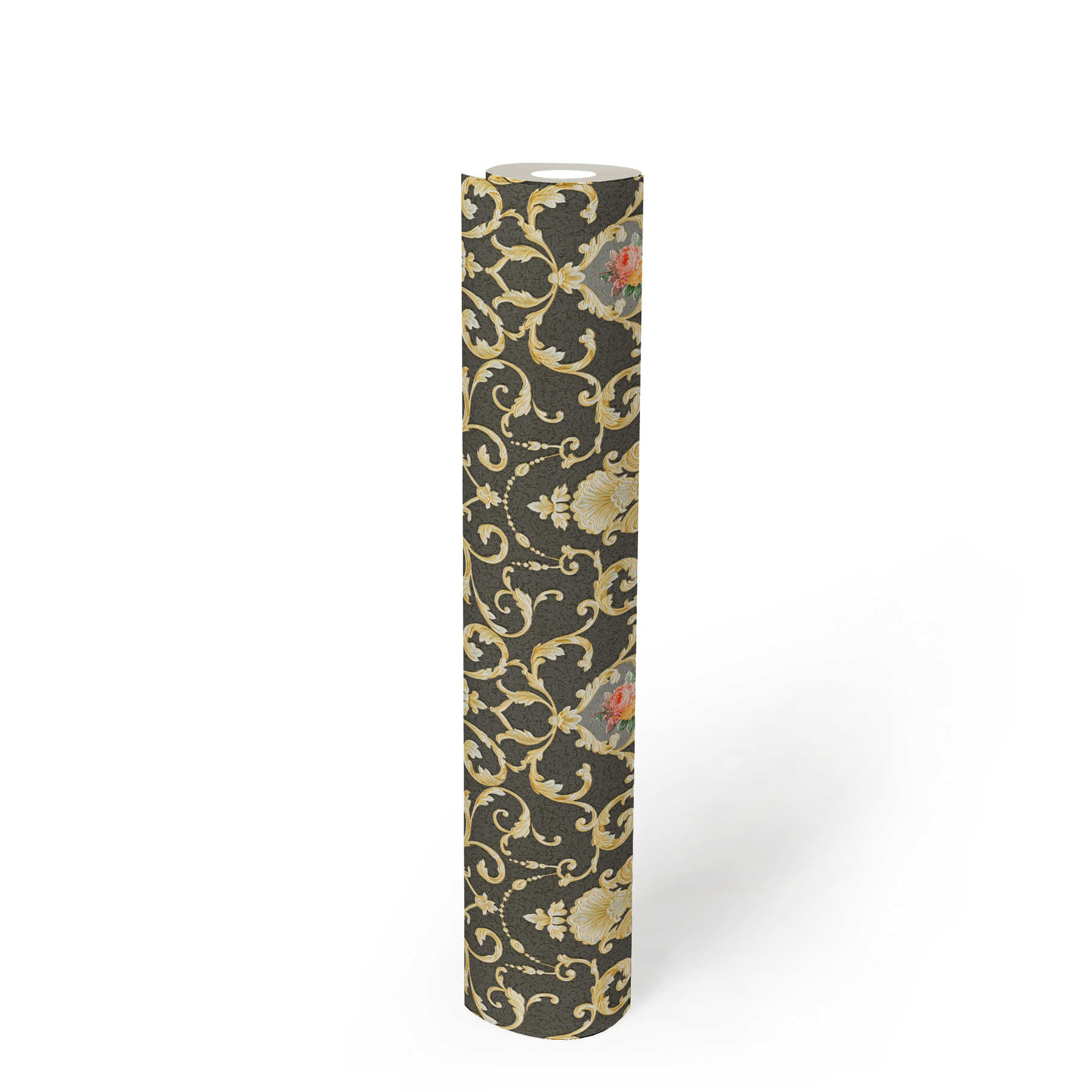             Luxus Tapete mit Ornamentmuster & Blumen-Bouquet – Metallic, Schwarz
        
