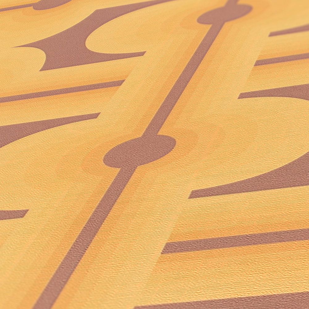             Abstrakte Muster auf Vliestapete der 70er Jahre in warmen Farben – Braun, Gelb, Orange
        
