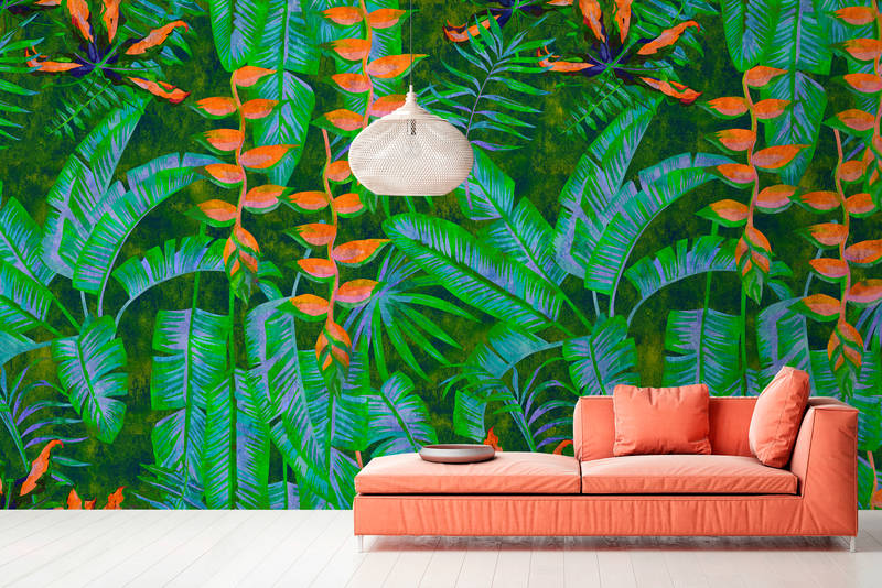            Tropicana 4 - Dschungel Fototapete mit knalligen Farben- Löschpapier Struktur – Grün, Orange | Perlmutt Glattvlies
        